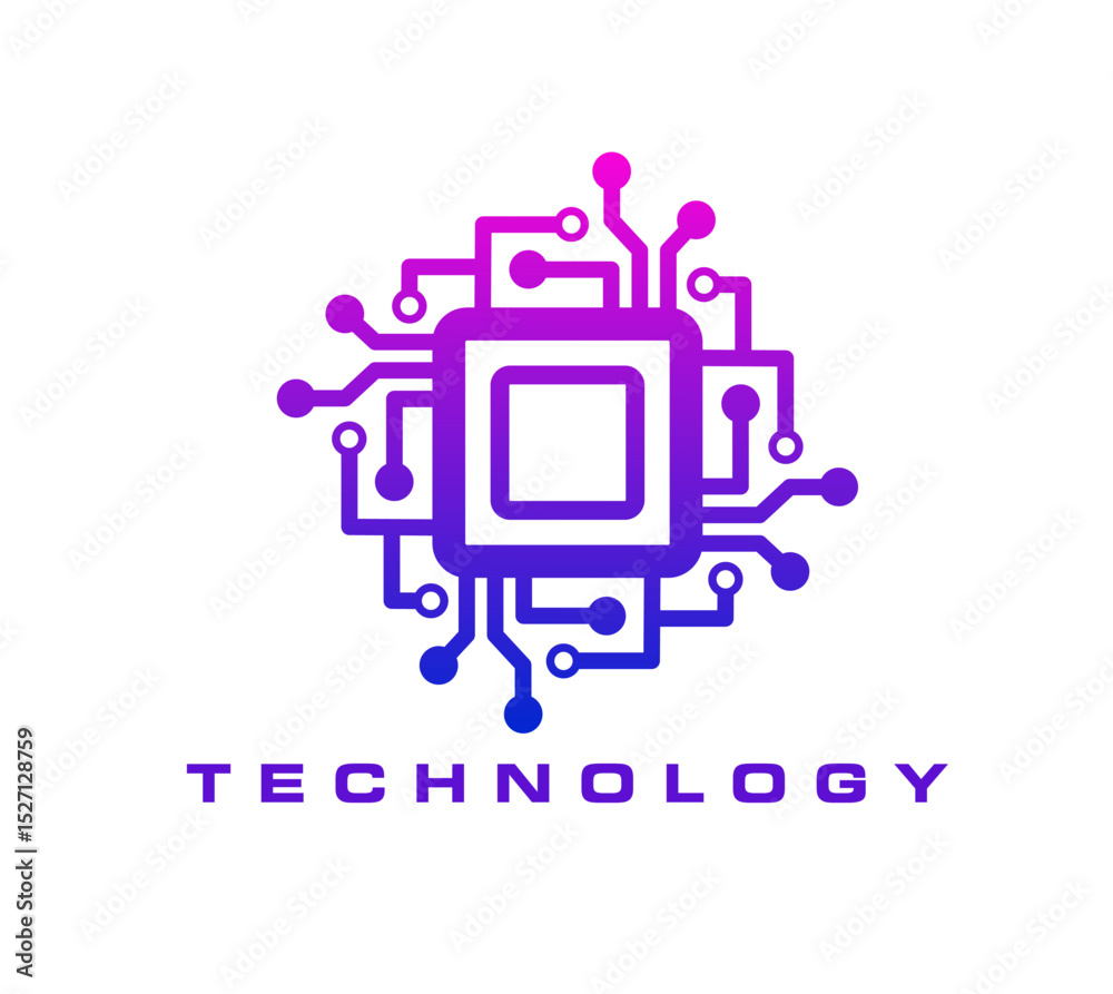 Poster Computer chip, artificial intelligence software icon or symbol. PC hardware company vector symbol, computer motherboard processor industry or service icon. Chip technology startup emblem or sign