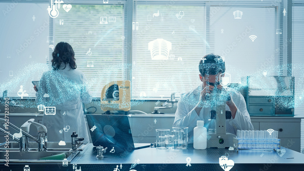 Poster genetic research concept with multinational group of scientists conducting an experiment