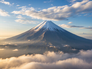Fototapeta premium A stunning landscape photograph of Mount, its snow-capped peak rising majestically above a sea of clouds under a vibrant sky.