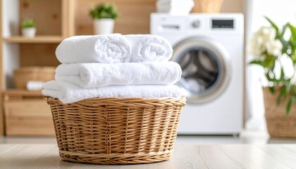 Freshly laundered white towels in a wicker basket symbolizing cleanliness, hospitality, and domestic comfort