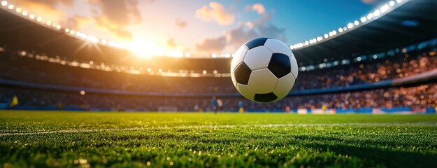 Soccer ball mid-air in a stadium at sunset capturing energy and passion of a major sports event