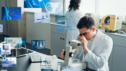Multinational group of scientists conducting an experiment and medical technology concept