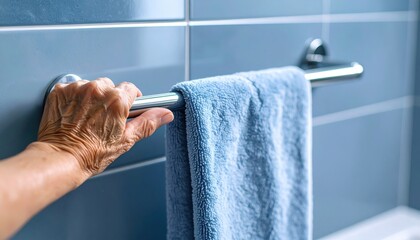 Elderly hand holding bathroom support bar with towel representing safety, aging with dignity, independence, and accessible home design for seniors