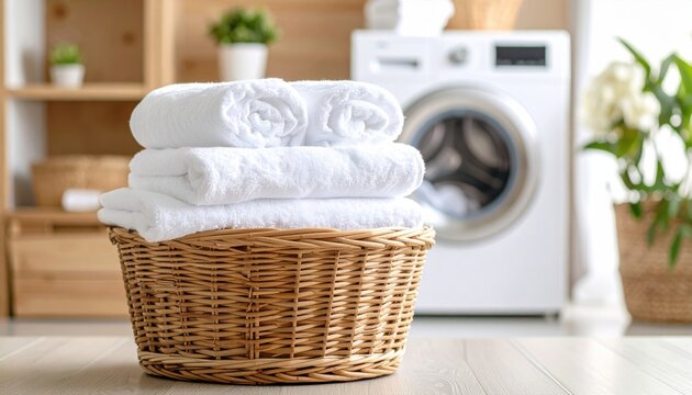 Freshly laundered white towels in a wicker basket symbolizing cleanliness, hospitality, and domestic comfort