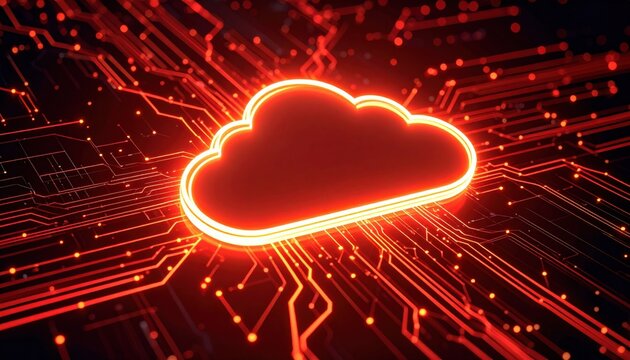 A glowing red cloud symbol over circuitry, symbolizing cloud computing, data storage, and futuristic technology infrastructure