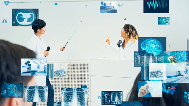 Multinational group of scientists giving an academic presentation and medical technology concept