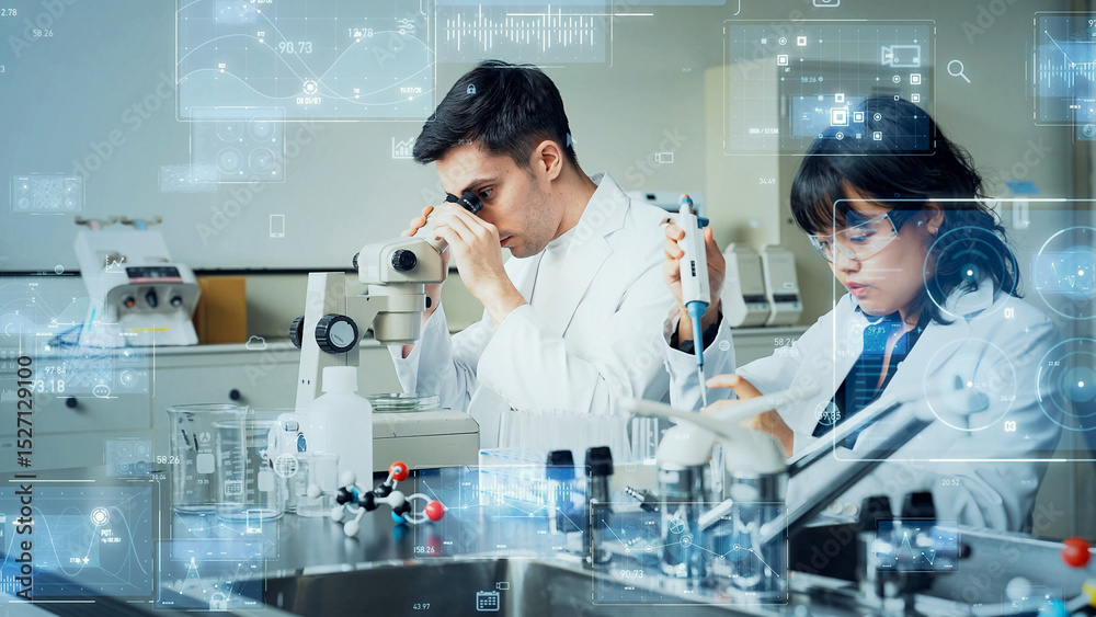 Poster researcher conducting experiments in laboratory and digital data concept