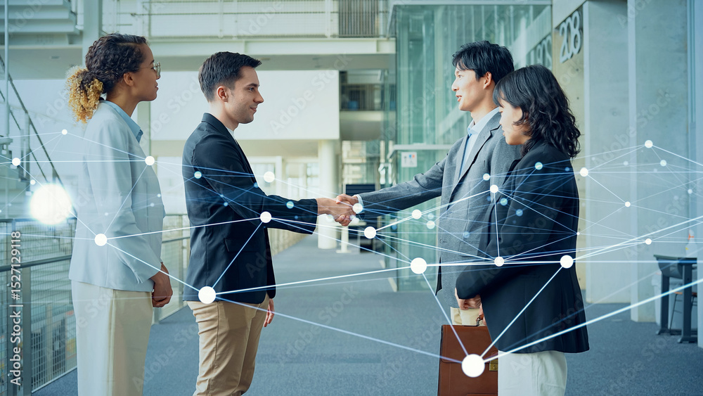 Poster Multinational people shaking hands in lobby and networking concept