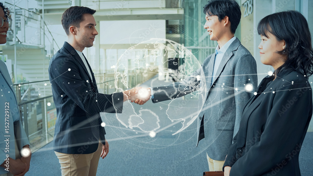 Poster multinational people shaking hands in lobby and global network concept