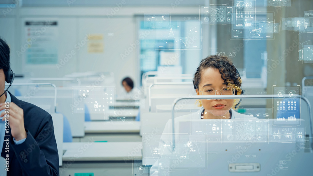 Poster multinational people working in office and digital data concept