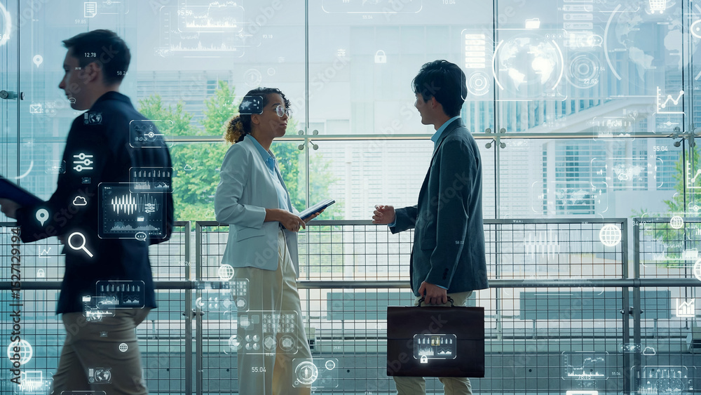 Aufkleber multinational people talking in lobby and digital data concept