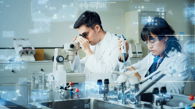 Researcher conducting experiments in laboratory and digital data concept