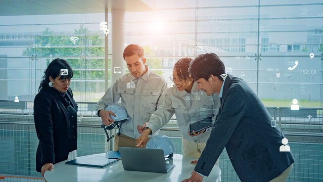 Multinational people meeting in lobby and digital data concept