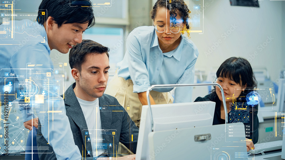 Poster Multinational group of engineers and software interface concept