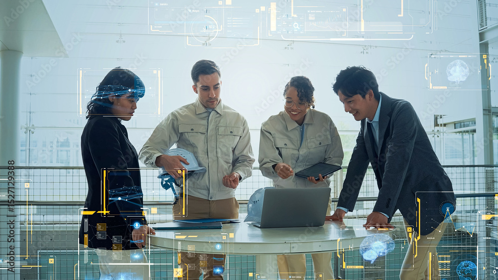 Poster Multinational group of engineers and software interface concept