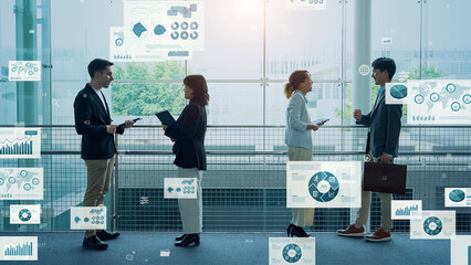 オフィスで会話する多国籍の人々と統計データのコンセプト