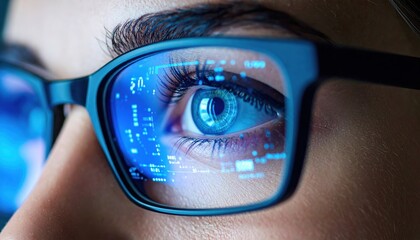 Close-up of smart glasses reflecting digital data interface on human eye symbolizing augmented reality and personal tech interaction