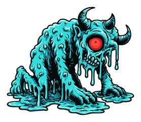 Cartoon Monster Illustration Featuring Dripping Slime and Horned Skull