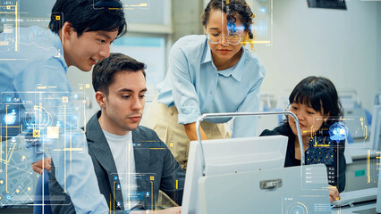 Multinational group of engineers and software interface concept