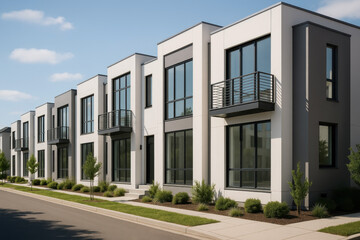 Contemporary Row Of Minimalist Townhouses With Clean White Facades And Black Metal Railings