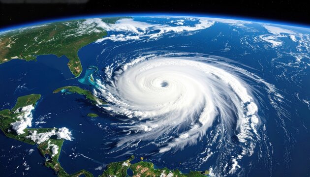 Satellite view of a powerful hurricane spiraling over the Atlantic Ocean representing climate events and natural disasters - Powered by Adobe