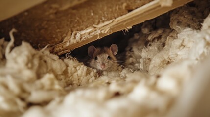 A small rodent hides in wood shavings and insulation.