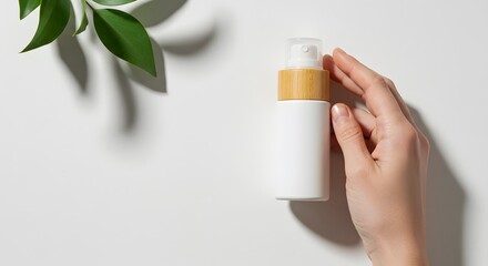 Cosmetic Bottle Mockup: Hand Holding White Spray Bottle with Bamboo Lid and Green Leaves