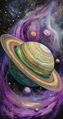 A beautiful, textured pattern of purple and gold marble, with swirling colors of lilac, green, white, pink, yellow, silver, and black.