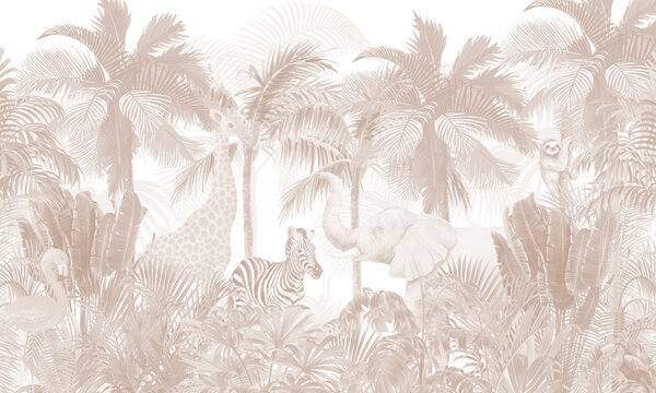 Fototapeta Aged Wildlife Wall Mural: Zebras, Toucans, Macaws in Retro Brown Tropical Forest