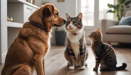 Playful interactions between dog and cats in cozy living room environment captured in warm light