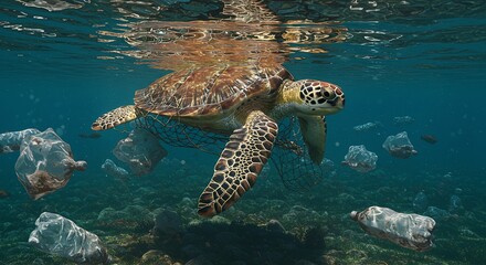 Obraz premium turtle trapped in plastic bags and fishing nets underwater, surrounded by floating plastic bottles, dirty water, oil spill on the surface.