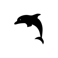 Dolphin vector icon. Ocean creature symbol. Black silhouette shape. White background design.