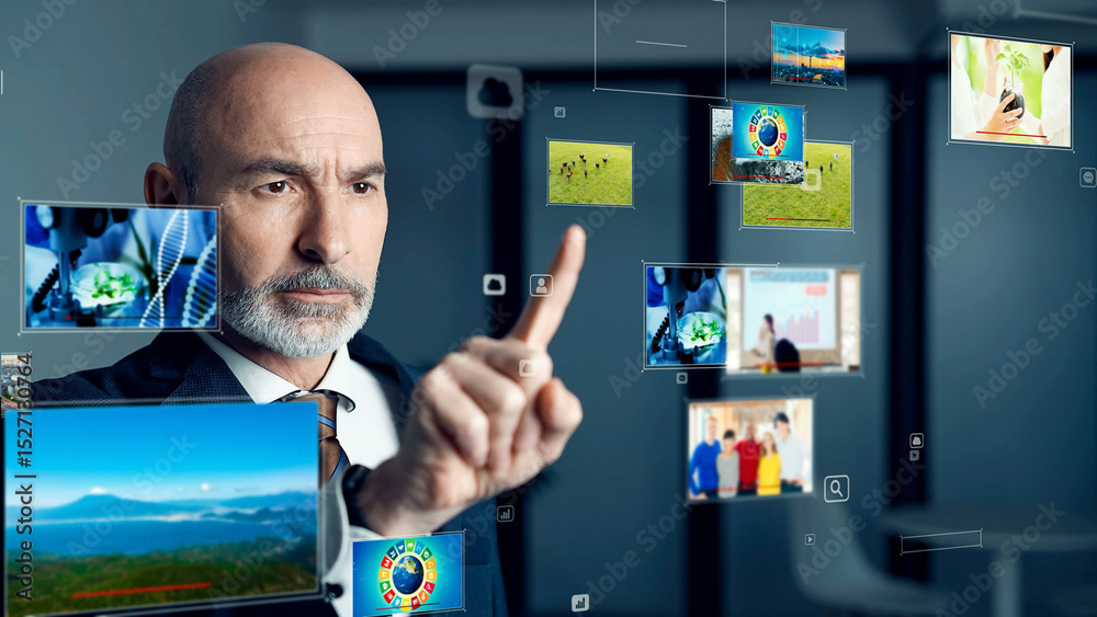 Poster Conceptual visual of a middle-aged Caucasian man watching a hologram image