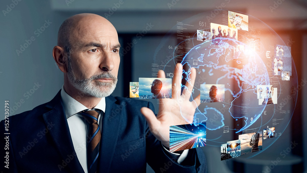 Aufkleber Conceptual visual of a middle-aged Caucasian man watching a hologram image