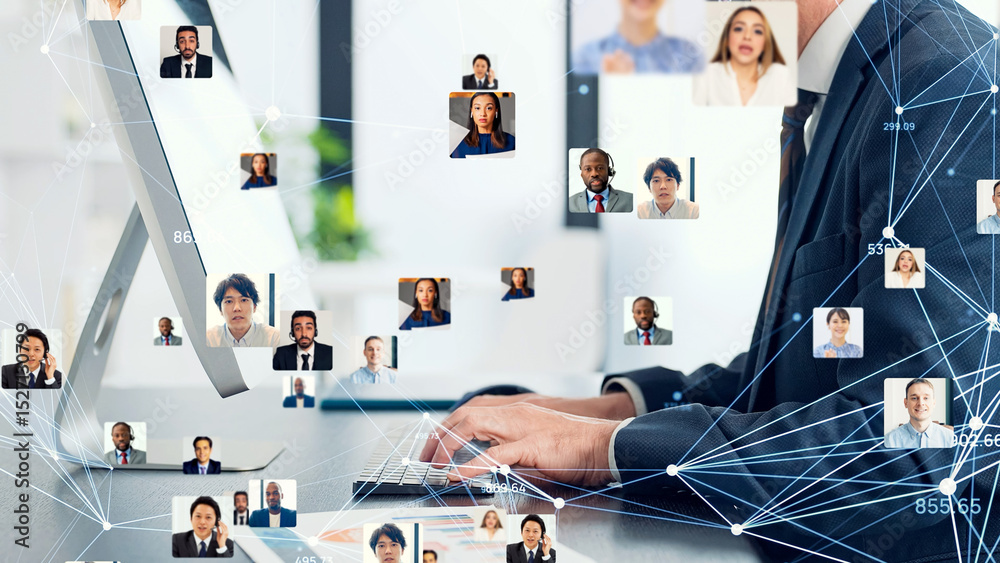 Poster Conceptual visual of a man using a computer and a network of multinational people