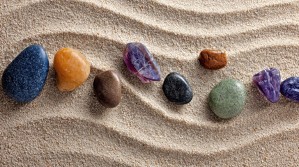 Flat lay of smooth pebbles on sand, meditative composition