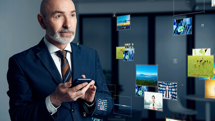 Conceptual visual of a middle-aged Caucasian man watching a video on his smartphone