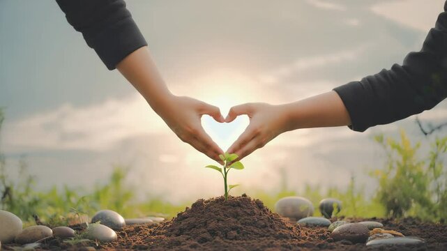 Two hands forming a heart shape around a small green plant emerging from the soil. The background features a soft sunset glow and scattered stones.