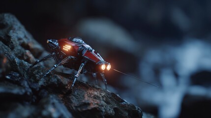Futuristic robot insect on rocks