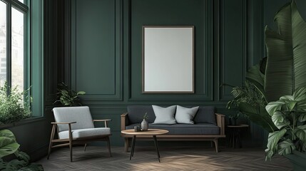 Dark green living room with wooden furniture and plants.