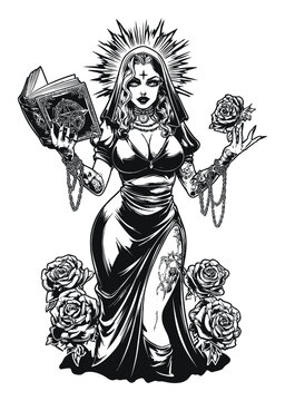 Gothic Fantasy Illustration of Woman with Book and Roses in Vector Art