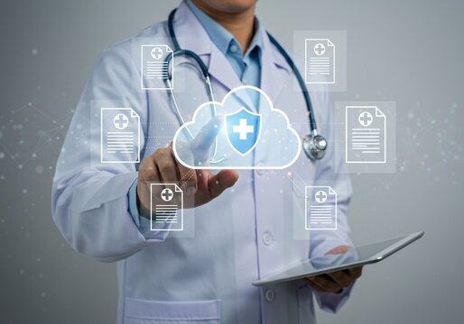 Doctor using digital tablet to access medical records on cloud storage. Healthcare professional touching virtual cloud icon for secure data sharing and online health management.