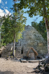 The Cathedral Pyramid, Quintana Roo, Mexico, 2019. A Maya Temple located at Coba Archeological site, which contains a group of large temple pyramids, probably built between 500 to 900 AD. 