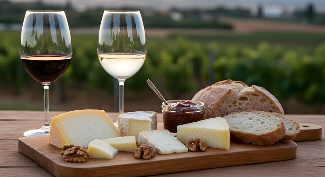 Elegant Wine Pairing: A captivating tableau of culinary delight, featuring two crystal wine glasses filled with contrasting red and white wine, elegantly paired with artisanal cheese, crusty bread.