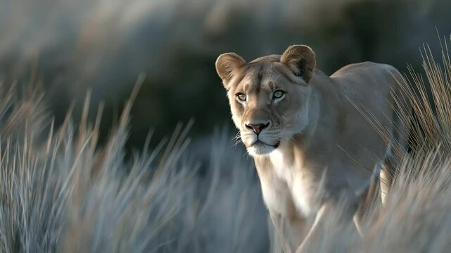 Lioness in tall savanna grass ready to hunt