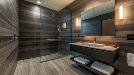 Fototapeta premium Contemporary bathroom with floating vanity, glass shower enclosure, and minimalist fixtures