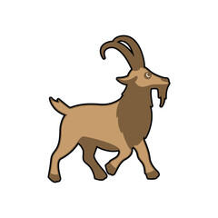 Cartoon Goat Walking Vector, Brown Farm Animal Clipart with Curved Horns.