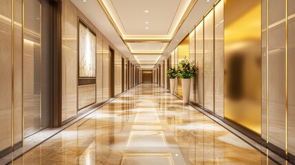 Obraz premium Elegant D-rendered hallway with recessed lighting, clean walls, and natural stone flooring