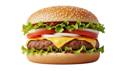 Delicious cheeseburger with fresh ingredients for fast food restaurant menu and food photography on transparent background