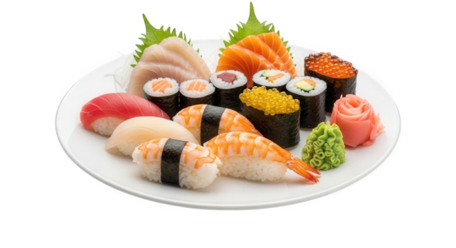 Delicious japanese sushi platter with salmon tuna and shrimp nigiri rolls on white plate ready to eat on transparent background